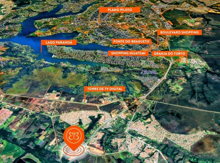 Vista aérea do Chácara Bernadette em Sobradinho DF e principais acessos
