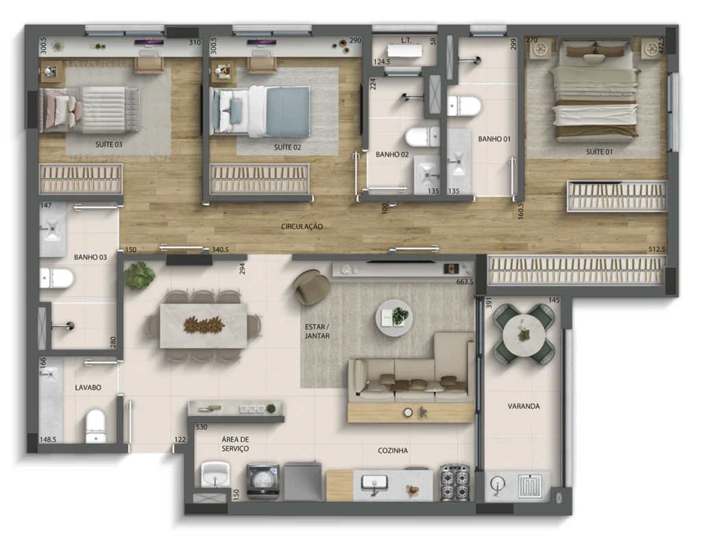 Planta 3 Suítes com Varanda — 101 m² do Residencial Chácara Bernadette