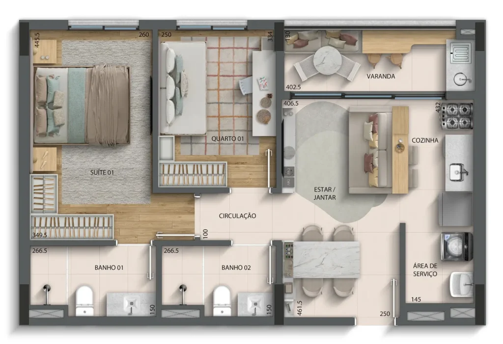 Planta 2 Quartos com Suíte — 63 m² do Residencial Chácara Bernadette