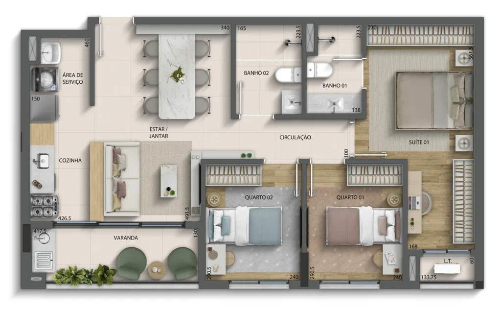 Planta 3 Quartos — 76 m² do Residencial Chácara Bernadette