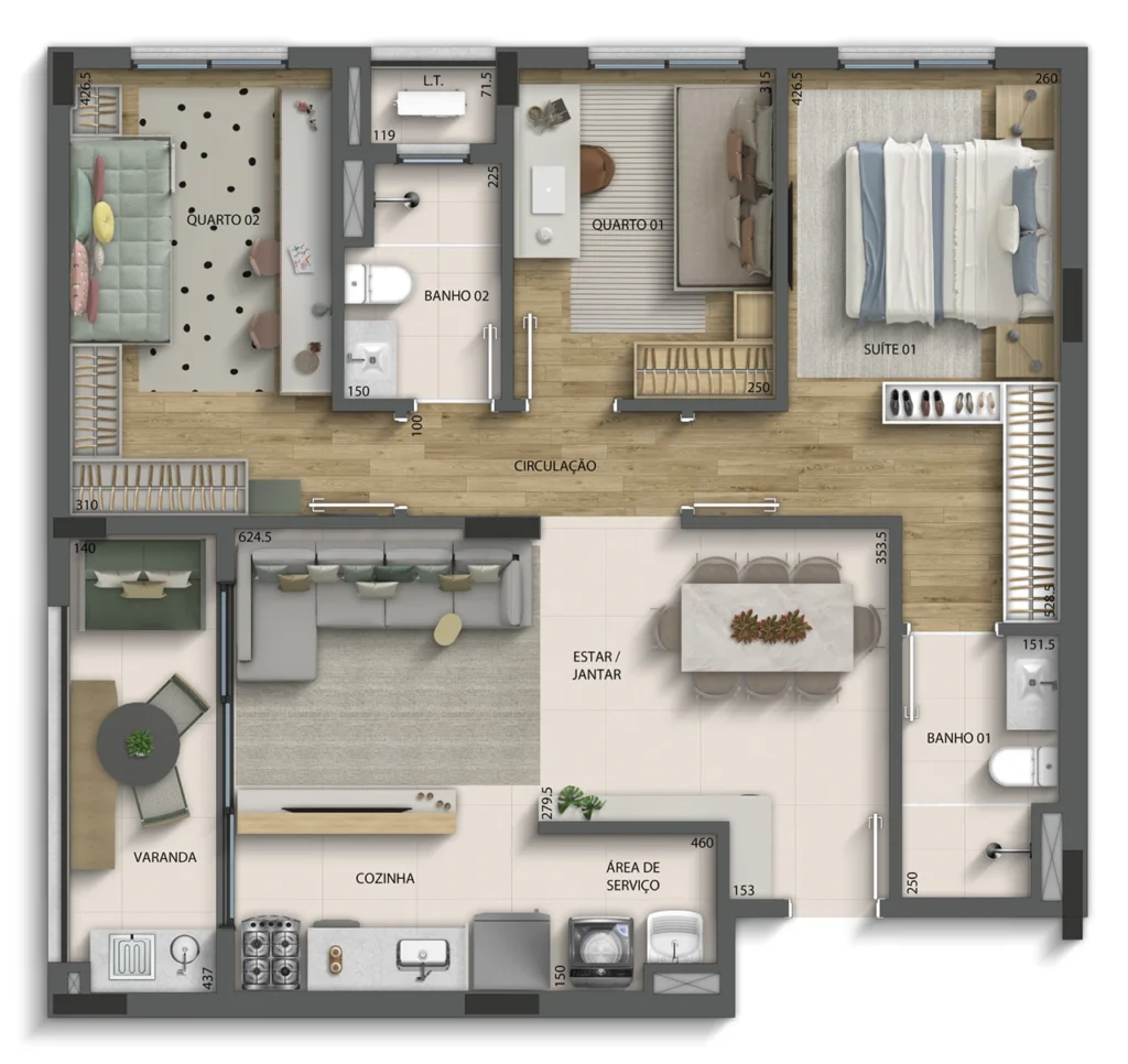 Planta 3 Quartos com Suíte — 87 m² do Residencial Chácara Bernadette